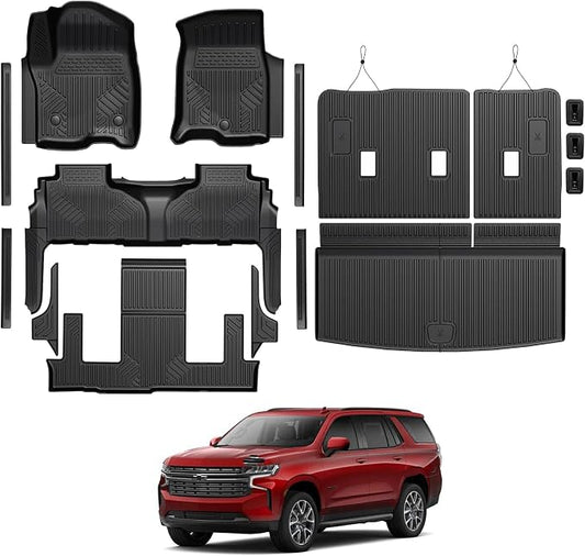 Floor Mats for Chevy Tahoe/GMC Yukon/Cadillac Escalade 2021-2026, All Weather Floor Mats Cargo Liner with Backrest Cover and Door Sill Guards Accessories, Full Coverage Set (Fit 7 Seats)
