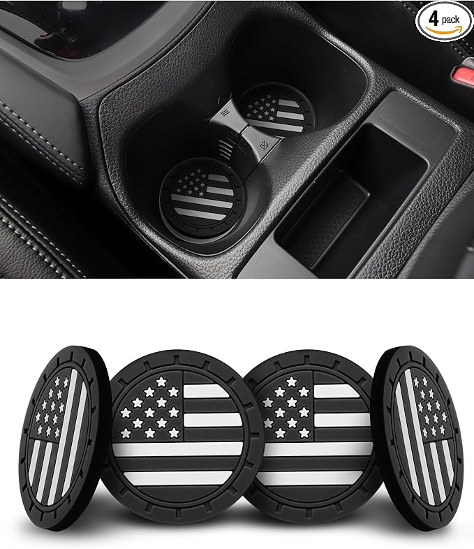 4 Pack Car Cup Coasters, Universal American Flag Non-Slip Silicone Cup Holder Inserts, Car Interior Accessories, Black