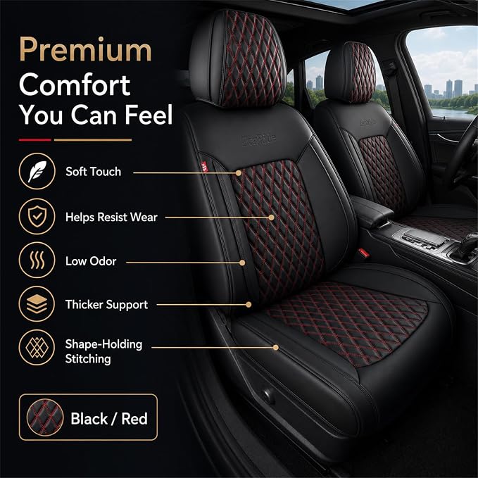Black and Red Thick Nappa Leather Automotive Front Car Seat Covers Set of 2 | Univerasal Precision Fit,3D Contoured,Waterproof,ThickTexture Nappa Leather,for most Suvs Trucks Sedans