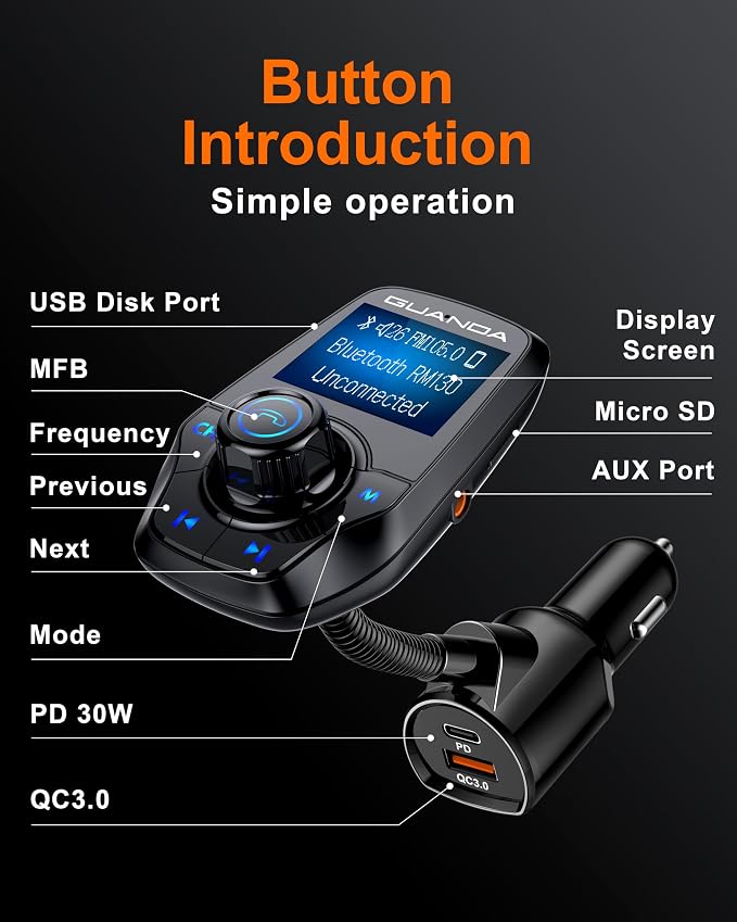 FM Transmitter Bluetooth 5.3 for Car, Bluetooth Radio Adapter Transmitter for Car, Wireless Audio Transmitter and Receiver 1.44" Display AUX in/Out SD/TF Card USB C Charger [PD 30W], GUANDA