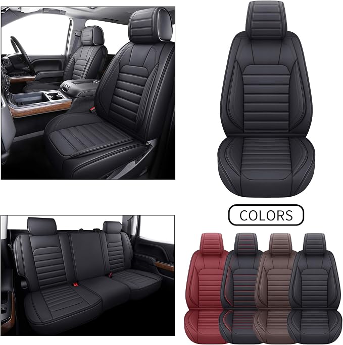 YIERTAI for Chevy Chevrolet Silverado GMC Sierra Car Seat Covers Fit 2007-2023 2024 2025 2026 1500/2500/3500HD Truck Waterproof Leather Crew Double Extended Cab Covers(5 PCS Full Set/Black)