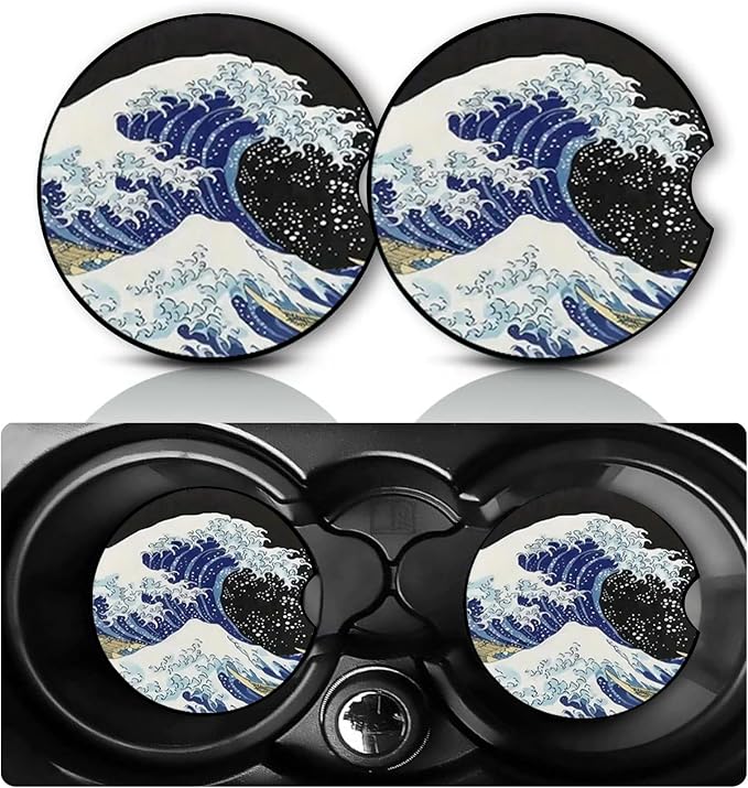 2PCS Big Wave Car Cup Holder Coasters Universal Anti-Slip Rubber Mat | Ocean Wave Auto Accessories Interior Decor, 2.75" Car Coasters for Cup Holders with Finger Slot, Oceans Gift for Women Men
