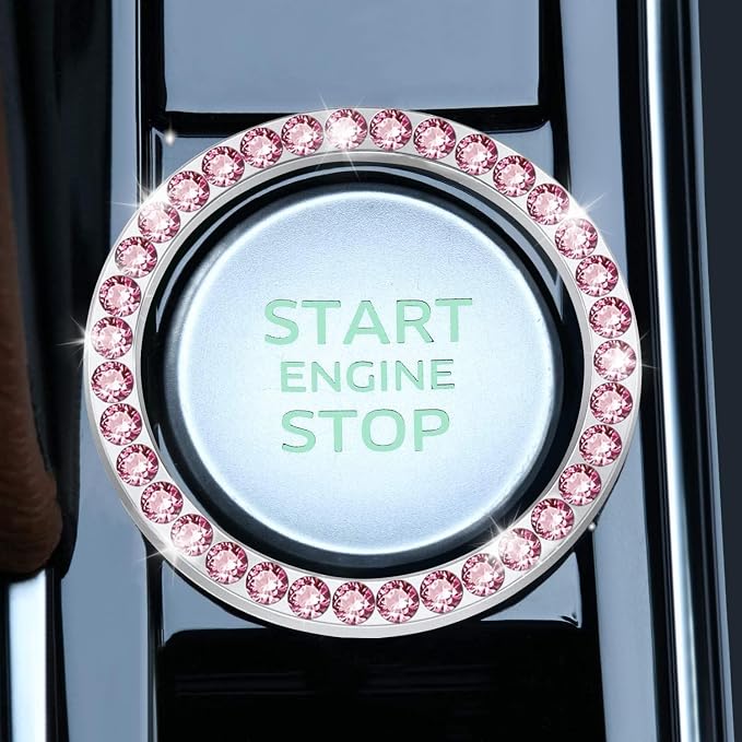 LivTee 2 PCS Crystal Rhinestone Car Engine Start Stop Decoration, Ring Bling Car Interior Accessories for Women, Push to Start Button Cover Sticker, Automotive Decals, Pink