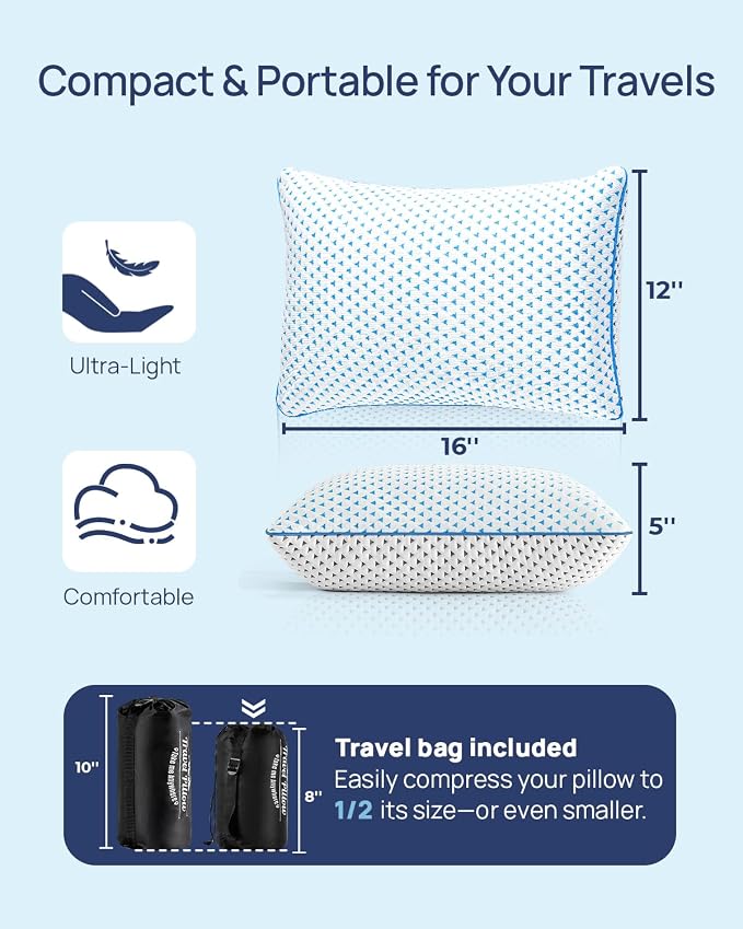 Adjustable Small Cooling Memory Foam Pillow for Travel, Camping & Airplane | Compressible, Mini Shredded Foam Bed Pillow for Medium Firm Neck Knee Lumbar Support, Ideal Car Sleeping, Backpacking, Hiking
