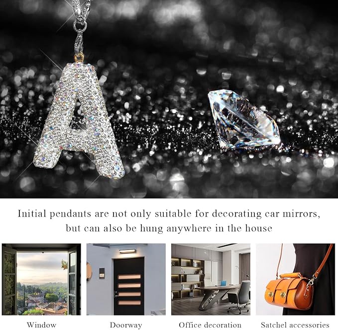 DXNQ Bling Initial Car Rear View Mirror Ornament, Crystal Sparkling Cute Letter Charm Pendant Auto Decor, Hanging Lucky Diamond Initial Charm Car Mirror Bag Ornament for Girl Women (Letter A)