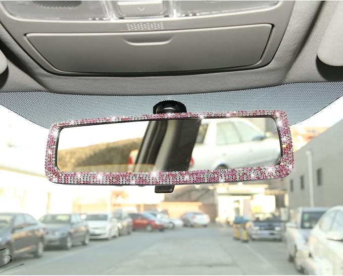 Car Bling Rearview Mirror, Rhinestones Crystal Diamonds Rear View Mirrors with HD Glass, Universal Clip-on Rear View Mirrors for Cars, Vehicles, SUVs, Car Accessories for Women Girls (Pink)