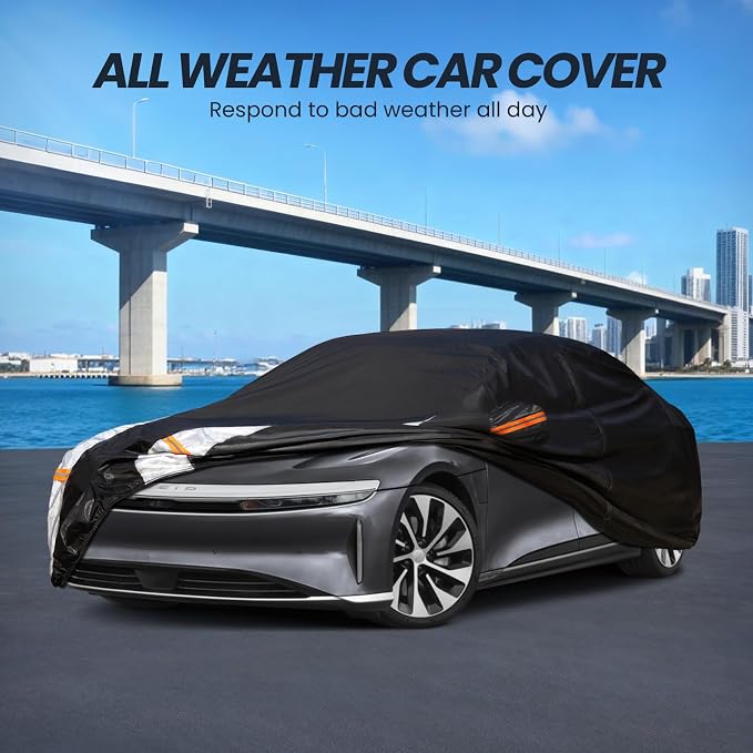 Multi-Layer Car Cover Custom Fit for Lucid Air(EV) (2021-2026), 100% Waterproof All Weather for Automobiles, Gift with Towel, Heavy Duty Car Covers for Rain Sun UV Protection with Door Zipper.