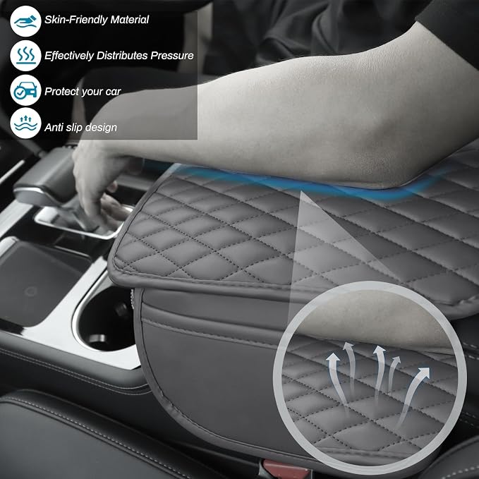 Ouzorp Car Center Console Cover Upgraded Microfiber Leather Car Arm Rest Cover with 2 Storage Bags Universal Armrest Cover for Car Storage Box Car Interior Accessories Protector for Most Vehicle-Gray