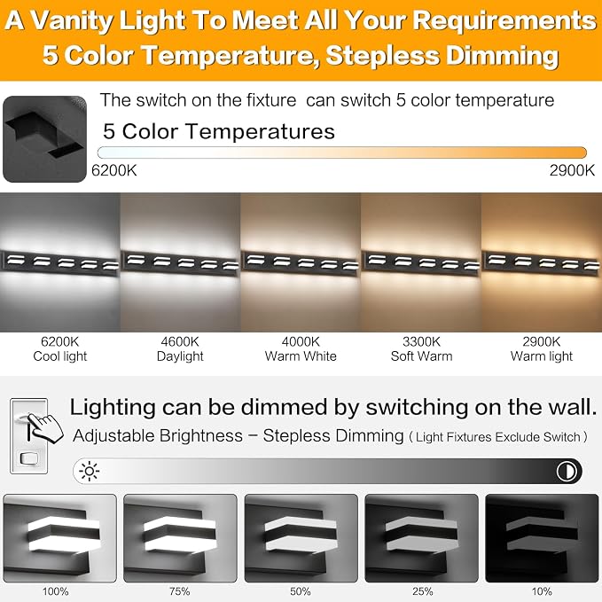 SOLFART 5 Lights Bathroom Light Fixtures Modern Bathroom Lights Over Mirror Black Vanity Lights for Bathroom LED Light Fixture Restroom 5 Color Temperature Adjustable 5CCT ETL Listed