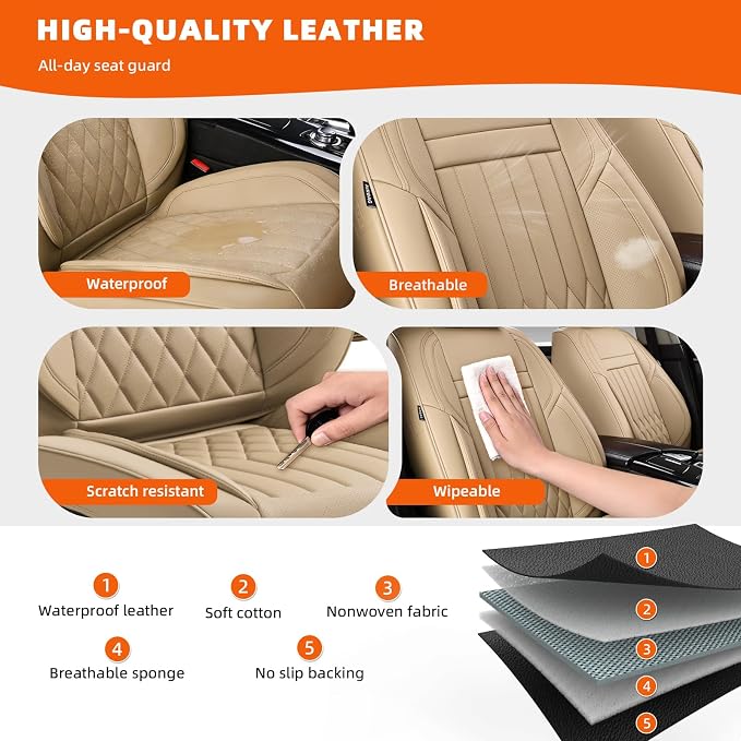 Universal 5-Seater Waterproof Breathable Nappa Leather Car Seat Covers Full Set, Fit for Front Rear Seats, Compatible with Hy-undai Sonata, To-yota Camry, Fo-rd F-150, Fit Most Sedans SUV Beige