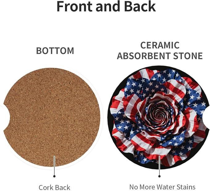 American Flag Rose 2 Pack Car Cup Holder Coasters Absorbent Ceramic Drink Coasters 2.56" Universal Anti Slip Cup Mat with Cork Base and Finger Notch Auto Accessories Interior for Women Men