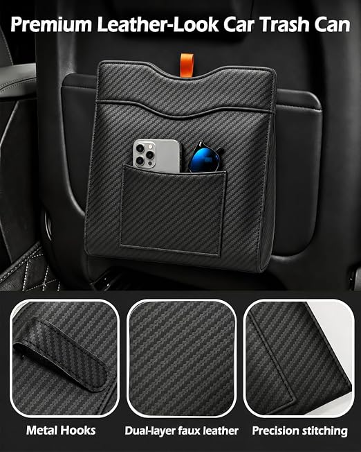 COZILO Leather Car Trash Can, Leak-Proof Odor-Lock Car Garbage Can with 60 Liners, Magnetic Closure & Liner-Hold, Storage Pocket, Metal Hooks, Hanging Car Trash Bin for SUV Sedan Truck, Carbon Fiber