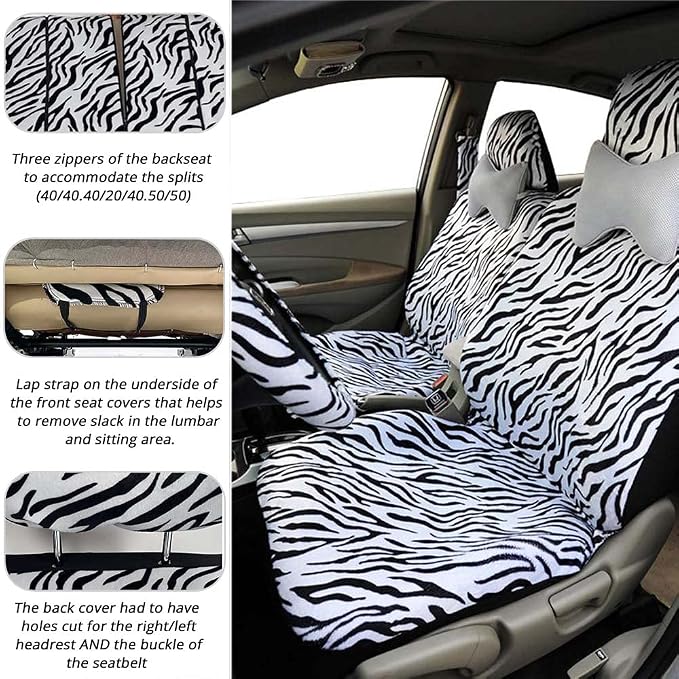 AUTOFAN Zebra Car Seat Covers for Full Set with 2 Seat Belt Pads & Universal 15 Inch Steering Wheel Cover Fit for Cars, Trucks, SUV, or Van