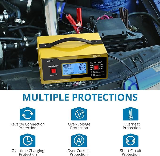AUTOUTLET Upgraded 6/8/12/14/16/24V Battery Charger Automotive Smart Car Battery Charger and Trickle Maintainer 0-14A Fully Automatic with Cable Clamps for Lead-Acid Batteries(NOT Lithium Battery)
