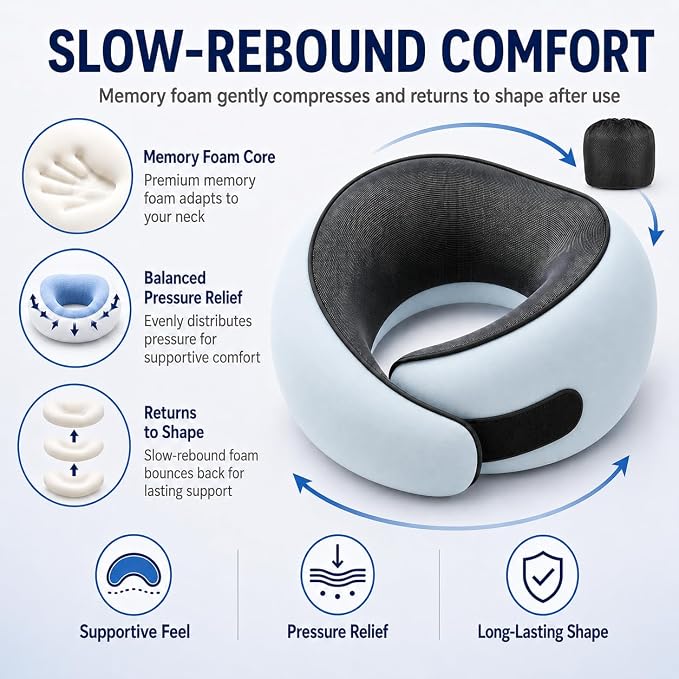 Travel Neck Pillow for Airplanes, Pure Memory Foam Neck Pillow with Washable Cover and Storage Bag, Ergonomic 360° Support for Sleeping, Car, Office, Home, Black
