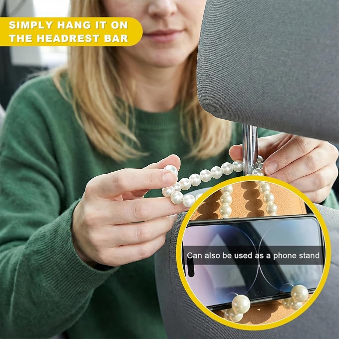 2 PCS Elegant Pearl Car Seat Headrest Hook, Strong Load-Bearing Vehicle Back Seat Hanger Cute Pearl Hook, Auto Decorative Headrest Storage Hanger for Purse Handbag Grocery Bag