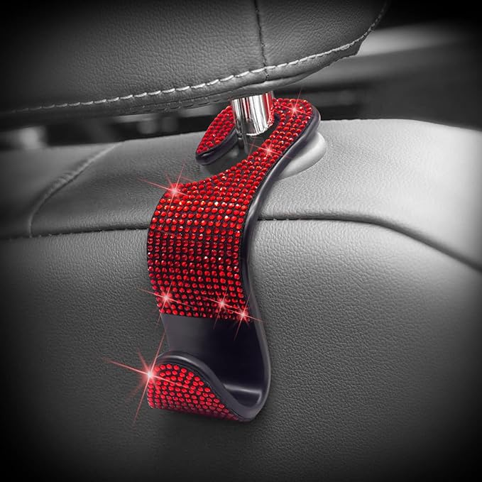 Car Purse Hook Bling Car Headrest Hook for Women Girls, 4 Packs Auto Back Seat Hangers Rear Headrest Hooks for Purse, Bag, Handbag, Grocery (Red)