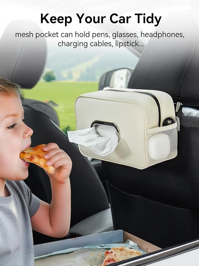 2 Pack Multi-Functional Car Tissue Holder with ‌2 Tuck Nets, Upgraded PU Leather Tissue Box Cover, Large Rectangle Napkin Storage Organizer, Keep Car Tidy, Beige