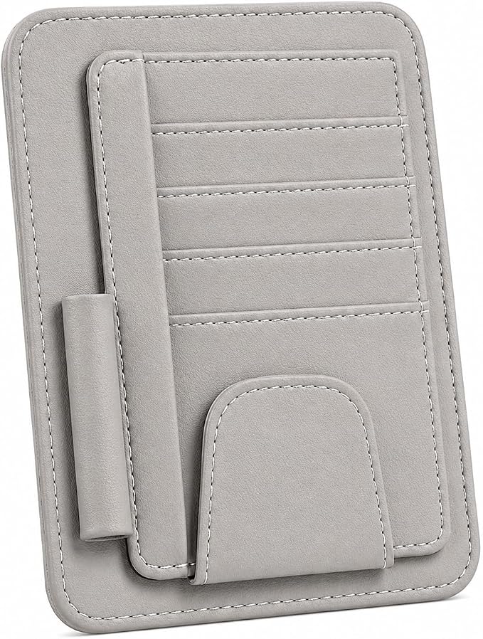 Car Sun Visor Organizer, Grey Premium Vegan Faux Leather Visor Storage Pouch for Cards, Cash, Receipts, Parking Permits and Glasses, Universal Fit for Cars, SUVs, Trucks, RVs and Golf Carts