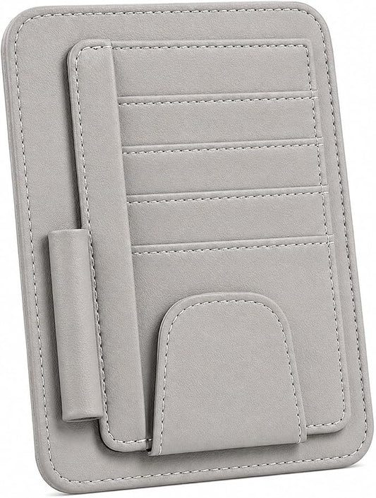 Car Sun Visor Organizer, Grey Premium Vegan Faux Leather Visor Storage Pouch for Cards, Cash, Receipts, Parking Permits and Glasses, Universal Fit for Cars, SUVs, Trucks, RVs and Golf Carts
