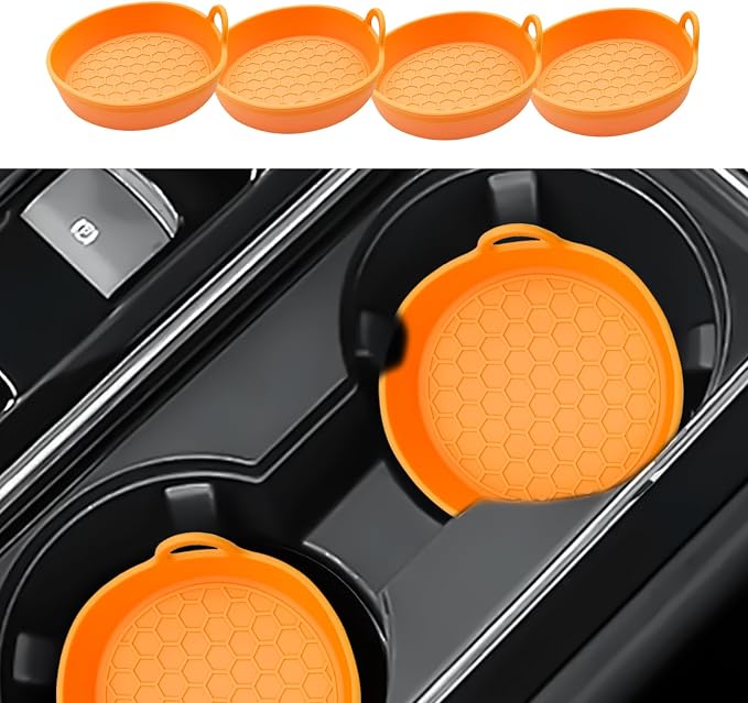 4 Pack Car Cup Holder Coaster, Universal Silicone Non-Slip Insert Pad, Waterproof Spill-Proof Drink Mat for SUV Sedan Truck, Automotive Interior Accessories (Orange)