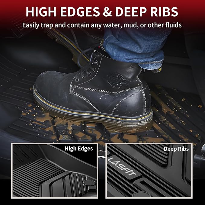 LASFIT Floor Mats 1st Row Only for Ram 1500 2019-2024 Crew Cab and Quad Cab Front Bucket Seat, Not for RAM 1500 Classic, All Weather TPE Custom Fit Car Mats Truck Front Liners, Black