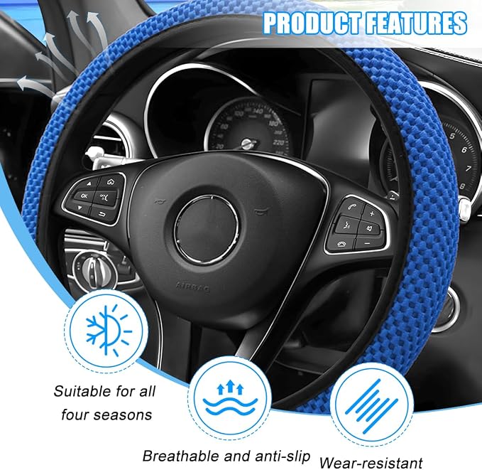 Car Elastic Stretch Steering Wheel Cover, 14.5-15" Breathable Ice Silk Anti-Slip Vehicle Steering Wheel Protector, Comfy Auto Interior Protection Accessories, Universal Fit (Blue)