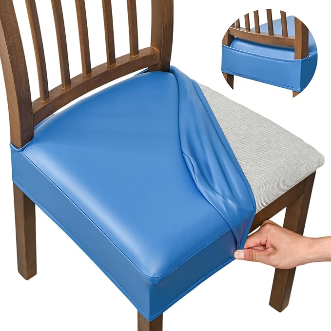 NILUOH Waterproof Seat Covers for Dining Room Chairs Set of 2, Pu Leather Chair Seat Slipcovers Dining Chair Cover Removable Washable Chair Protctor Cover, Rear Covers (PU-Dark Blue)