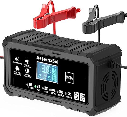 15A Smart Car Battery Charger, 12V/24V Automotive Battery Maintainer & Desulfator Compatible with 12.6V Lithium, LiFePO4, AGM, Gel, Lead-Acid, Trickle Charger for Truck, Motorcycle, RV (Black)