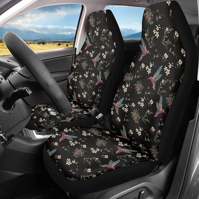 Floral Hummingbird Seat Covers for Car, Universal Stretchy Cars Front Seat Protectors Cover, Women Car Accessories Decoration Saddle Blanket for Bucket Seat, Set of 2