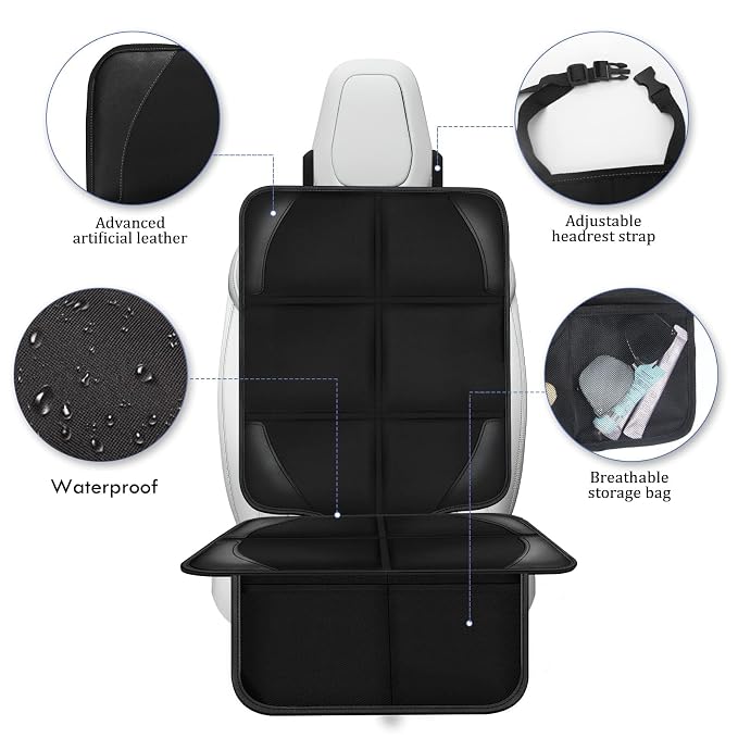 Car Seat Protector Covers - for Child Carseat mat 600d Fabric Waterproof Non Slip Thickest Padding with Storage Pockets Cushion Protectors Large Size Prevent Dirt Scratches (Black 1)