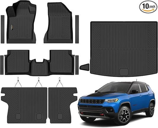 Floor Mats Custom Fit for Jeep Compass 2017-2025 2026 Trunk Mat with Backrest Mat All Weather TPE Rubber Cargo Liner Anti-Slip Full Set for Compass Accessories (Trunk Mat+Backrest Mats+Floor Mats) | All Weather TPE Rubber Floor Liners, Cargo Liner, Bac...