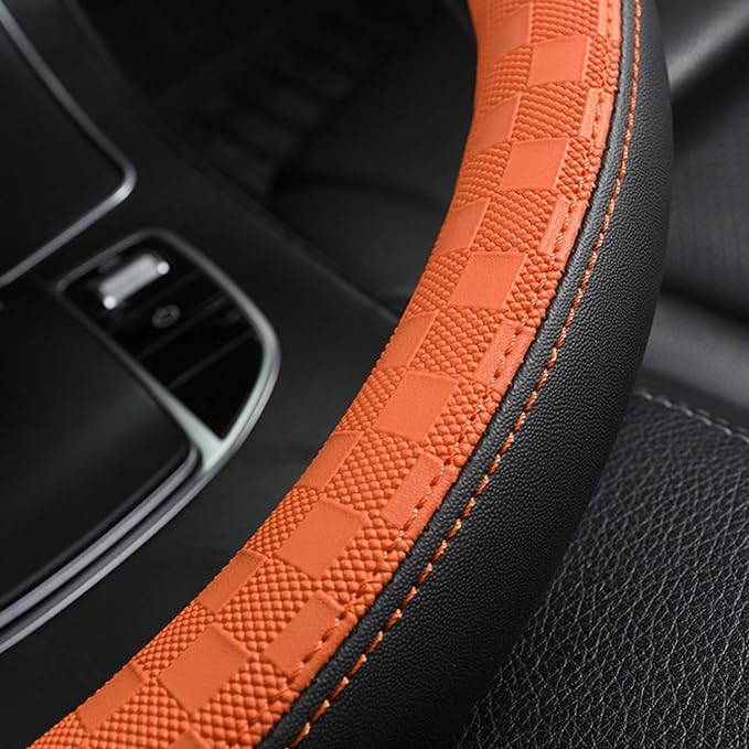 Car Leather Steering Wheel Cover - Panapi Material, Universal 14.5-15 Inch Leather Anti-Slip Breathable Auto Steering Wheel Covers for Men Women (Chessboard-Orange)