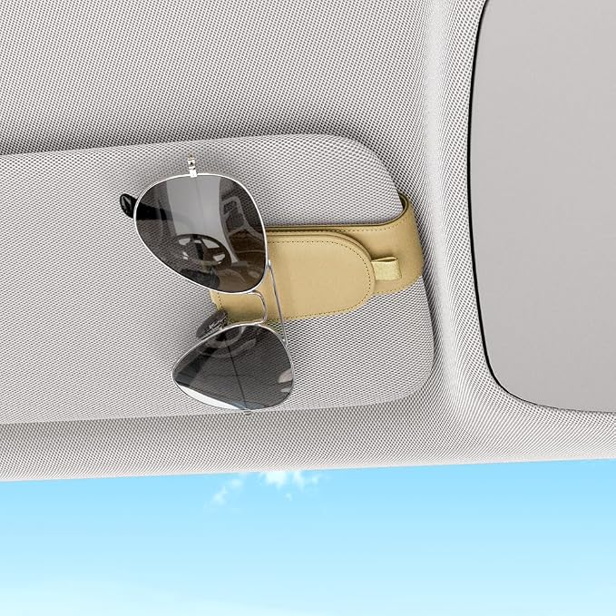 Sotfamily Sunglass Holder for Car Visor, Beige, 2 Packs | Suede Cloth, Magnetic, Organizer for Car Accessories