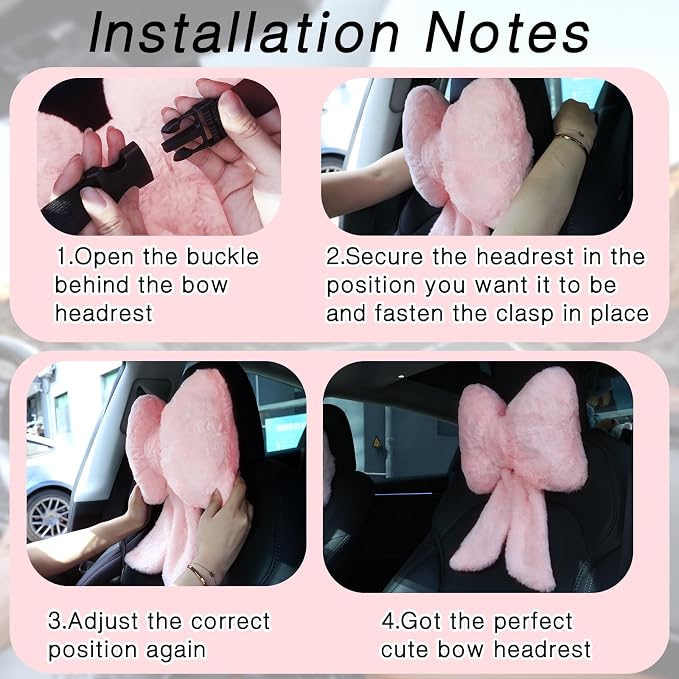 Macarrie 2 Pcs Pink Car Neck Pillow Plush Butterfly Bow Car Headrest Pillow Comfortable Seat Neck Support Cute Head Rest Accessories for Driving Travel Driver Chair Girl Interior Decor(Solid)