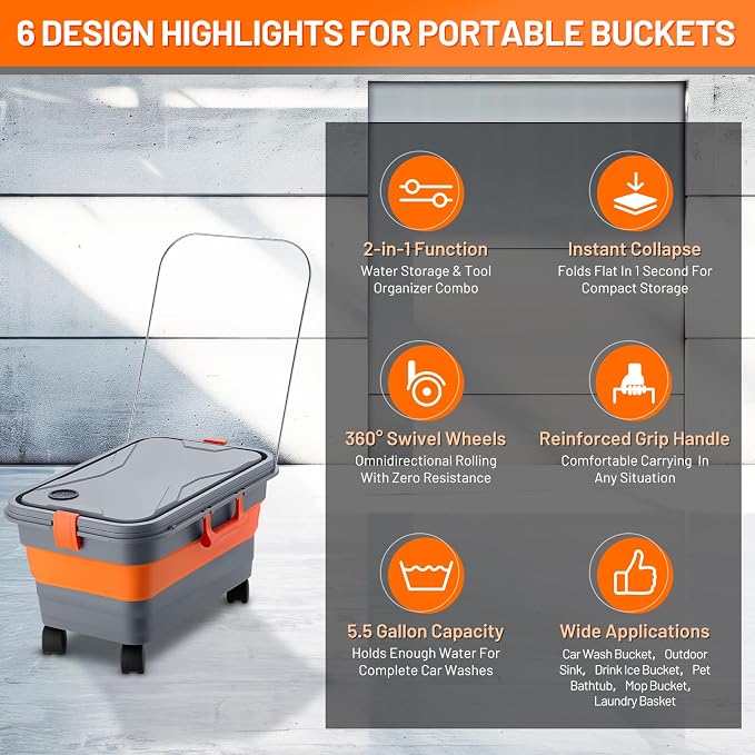 This Hill Collapsible Bucket for Car Washing, 5.5 Gallon Car Wash Bucket with Wheels, Handle, Drain Plug and Water Outlet, Foldable for Mop Cleaning, Camping, RV, Pet Bathing and Laundry