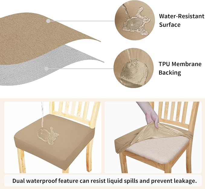 Easy-Going 100% Waterproof Seat Covers for Dining Room Chairs Set of 2, Stretch Chair Seat Slipcovers Protector Removable and Washable Kitchen Dining Chair Covers, Khaki