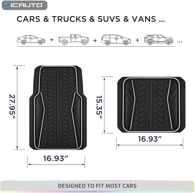 PIC AUTO Car Floor Mats, Black Aluminum-Molded with Full-Circle Iridescent Inlay Strip Car Mats, Universal-Fit Rubber Mats for Cars, Trucks & SUVs, All-Weather, Non-Slip, Easy-to-Clean Interior Mats
