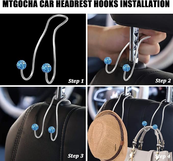 Bling Purse Hook for Car Headrest, Upgraded Cute Car Seat Hooks for Bag Handbag, Durable Stainless Auto Purse Hanger Holder 2 Pack, Light Blue