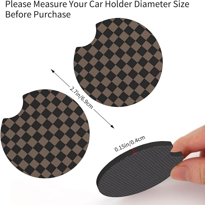 Checkered Black Brown Steering Wheel Cover Black Brown Checkered Steering Wheel Cover Anti-Slip Breathable for 15 in Universal 2 Pcs Car Interior Cup Holder Pad for Men Women