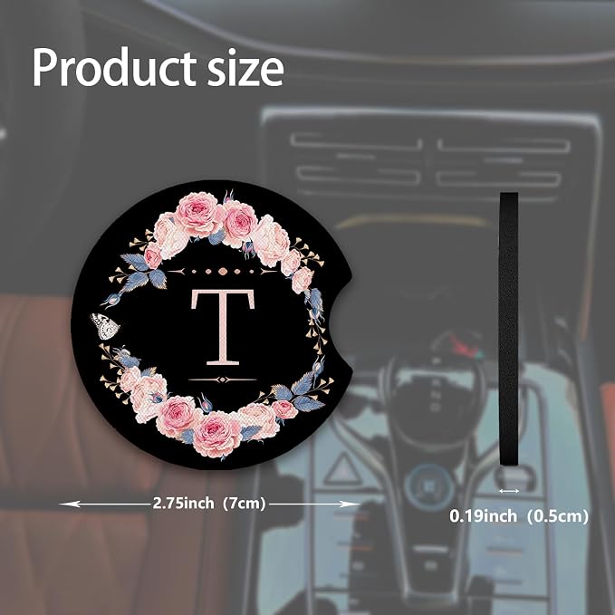 2pcs Letter T Car Coasters,Absorbent Universal neoprener Cup Holder Coasters with a Finger Notch,Car Accessories for Women&Man Interior，2.75"