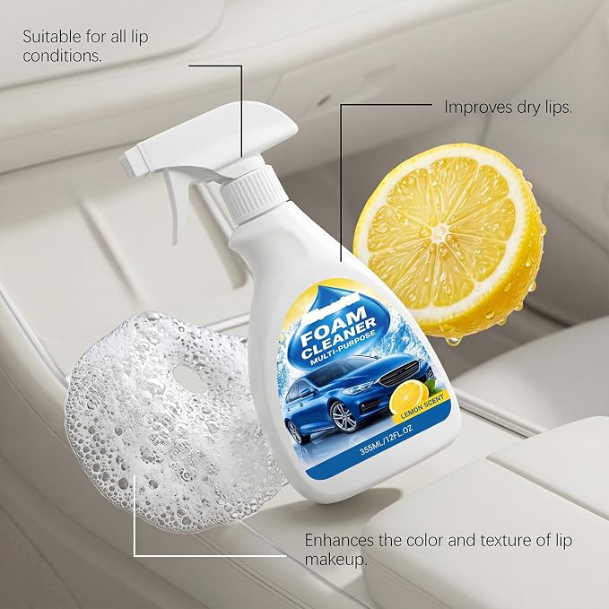 Car Interior Cleaner Foam with Sponge & Microfiber Towel, Deep Cleaning Auto Detailing Spray for Dashboard, Leather, Vinyl, Plastic, Carpet & Upholstery, Fast Stain Removal, Quick Drying, Lemon Scent