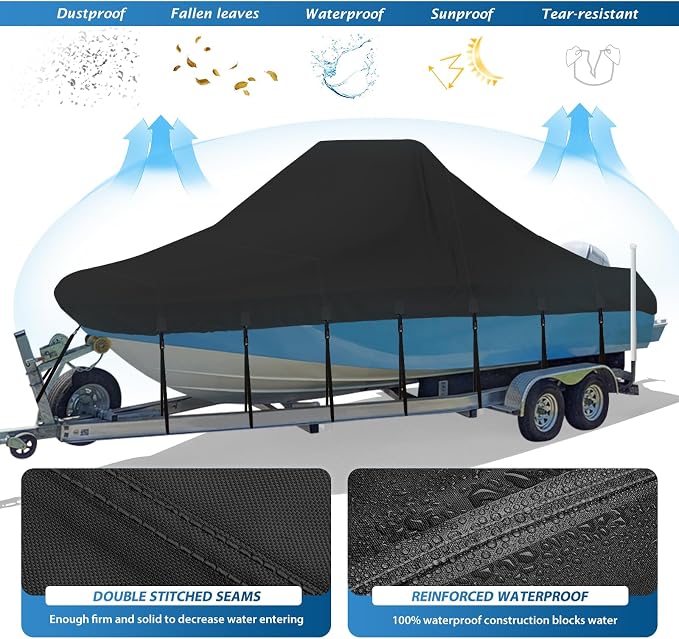 Solim Center Console Boat Cover, 16'-18.5' 1300D Waterproof PU Heavy Duty Trailerable Boat Cover for Center Console Boat, Marine Grade Oxford UV Resistant Polyester Canvas with Tie Down Strap, Black