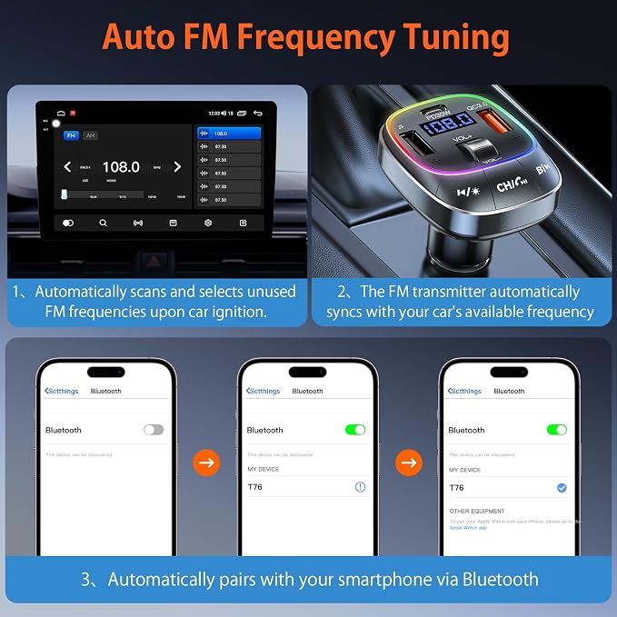 FM Transmitter Bluetooth 5.4 Wireless Radio Adapter Car Kit 48W (PD 30W & 18W) Light Switch Fast Charging Music Adapter LED Display Hands-Free Calling Support USB Drive (Grey)