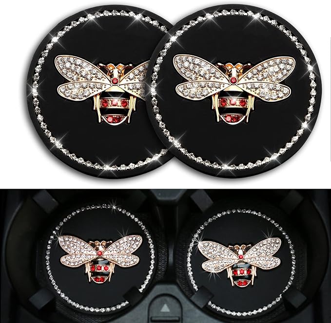Bling Cup Holder Insert Coaster- 2.95 inch Silicone Anti-Slip Shockproof, Universal Fashion Car Interior Accessories for Women (Bee, 2 PCS)