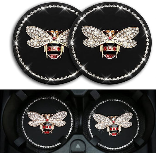 Bling Cup Holder Insert Coaster- 2.95 inch Silicone Anti-Slip Shockproof, Universal Fashion Car Interior Accessories for Women (Bee, 2 PCS)