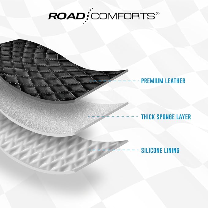 Road Comforts Leather Steering Wheel Cover – Black & Gray, Universal Fit 14.5-15 Inch, Microfiber Leather, Anti-Slip & Breathable Design for Men and Women