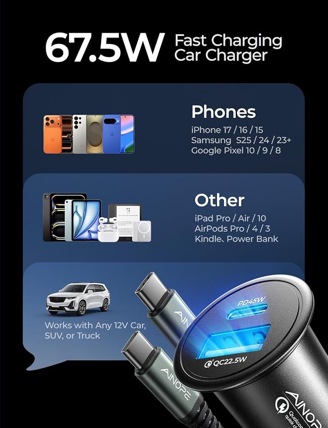 AINOPE 67.5W Car Charger USB C Fast Charge, USB C Car Charger Fast Charging | 【Mini & Metal】 Cigarette Lighter Adapter USB-C Type C Car Charger for iPhone 17 16 15 Pro Max, for Samsung S26 S25