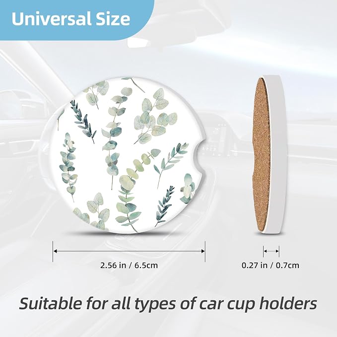 2 Pack Car Coasters for Cup Holders, 2.56" Universal Absorbent Ceramic Stone Car Cup Holder Coasters with Non-Slip Cork Base, Car Interior Accessories for Women Men(Green Leaf)