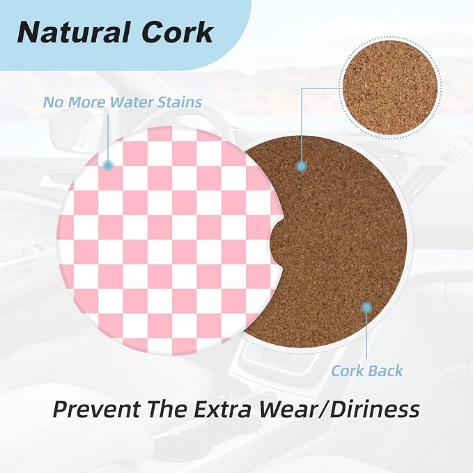 Pink and White Checkered Car Coasters for Cup Holders,2 Pack Car Cup Holder Coasters for Car,Ceramic Absorbent Car Coaster with A Finger Notch and Cork Base,Car Interior Accessories for Women Men
